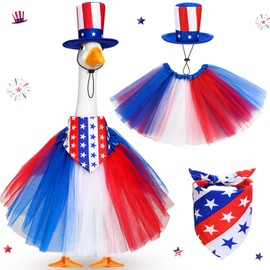 Locmeo 3pcs 4th of July Porch Goose Outfits for 23" Cement Lawn Goose Statue Clothes Hat and Tutu Skirt Independence Day Costume for Party Yard Outdoor(Stripe)