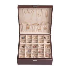 Frebeauty Earring Organizer Classic Jewelry Box 50 Slots Double Layer Jewelry Storage Case with 6 Necklace Hook and Bracelet Pocket(Dark Brown)