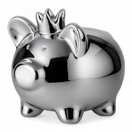 MIJOMA Piggy Bank Silver 9 x 8 cm - Decorative Ceramic Money Box with Crown, Shiny Chrome-Plated, Modern Money Pig for Children's Room, Living Room or Office