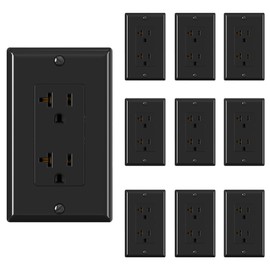 ELEGRP Glossy Black Decorator Electrical Wall Outlet Receptacle, 20A 125V Standard Outlets, 2 Pole 3 Wire, Non-Tamper Resistant, NEMA 5-20R, Self-Grounding, Wall Plate Included, UL Listed, 10 Pack