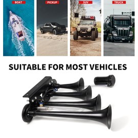 FARBIN Air Horn 4 Trumpet 12V Train Horn for Truck 150dB Truck Horn Car Horns Kit with Compressor for Pickups Trains Trucks Jeeps SUVs Boats Black