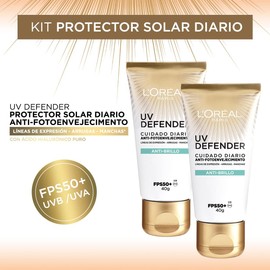 L'Oréal Paris Kit 2 pack Protector solar facial FPS50+ UV Defender Anti brillo, 40ml - Protección solar facial con toque seco y acabado mate, idea para piel mixta a grasa, con Ácido Hialurónico, reduce los signos del envejecimiento
