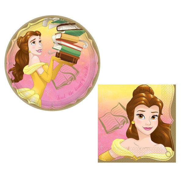 Beauty and The Beast's Belle Themed Party Supplies: Bundle Includes Round Dinner Plates and Napkins for 16 People