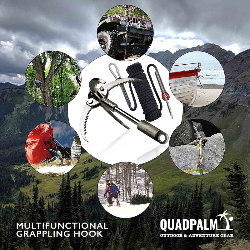 QUADPALM Grappling Hook and Black Rope 10M (32ft) - Multifunctional