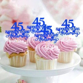 Keaziu - Juego de 24 adornos para cupcakes de 45 aniversario, 45 años de zafiro, aniversario, para cupcakes de 45 años, aniversario, boda, feliz 45 aniversario, cumpleaños, fiesta, decoración de pasteles, color azul