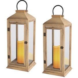 Bdor 2 Pack Lanterns Decorative - 27.5in New Zealand Pine Lanterns Decorative with Flameless Pillar Candles, Decorative Lanterns for Home Decor, Indoor Outdoor, Front Porch, Garden, Farmhouse Style