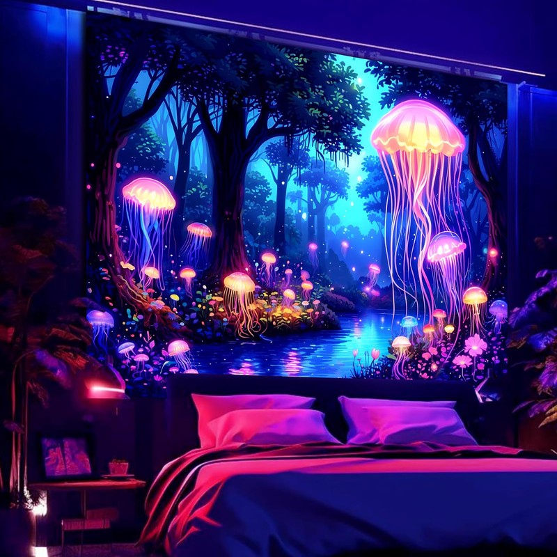 Manicer Blacklight Jellyfish Forest Tapestry – UV Reactive Fantasy Underwater