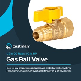 Eastman 1/2 Inch OD Flare x 1/2 Inch FIP Gas Ball Valve, Brass Connectors and Fittings for Natural Gas and Liquid Propane, 60003B