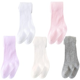 Baby Girl Tights Non Slip Baby Tights 3-6 Months Girl Tights Seamless Cotton Pantyhose Toddler Stockings Winter Warm Leggings Non-Skid for Infant 5 Pack (Pink+White+Ivory+Purple+Grey, XS)