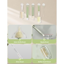 Baby Bottle Brush Set - Baby 6 in 1 Bottle Cleaner Kit with Silicone Brush, Nipple Brush, Straw Brush, Bottle Mouth Brush, Drying Rack, Storage Box for Home and Travel, Bovella