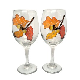 Oak Leaves Acorns Hand Painted Wine Glasses Set of 2 Fall Thanksgiving Home Decor