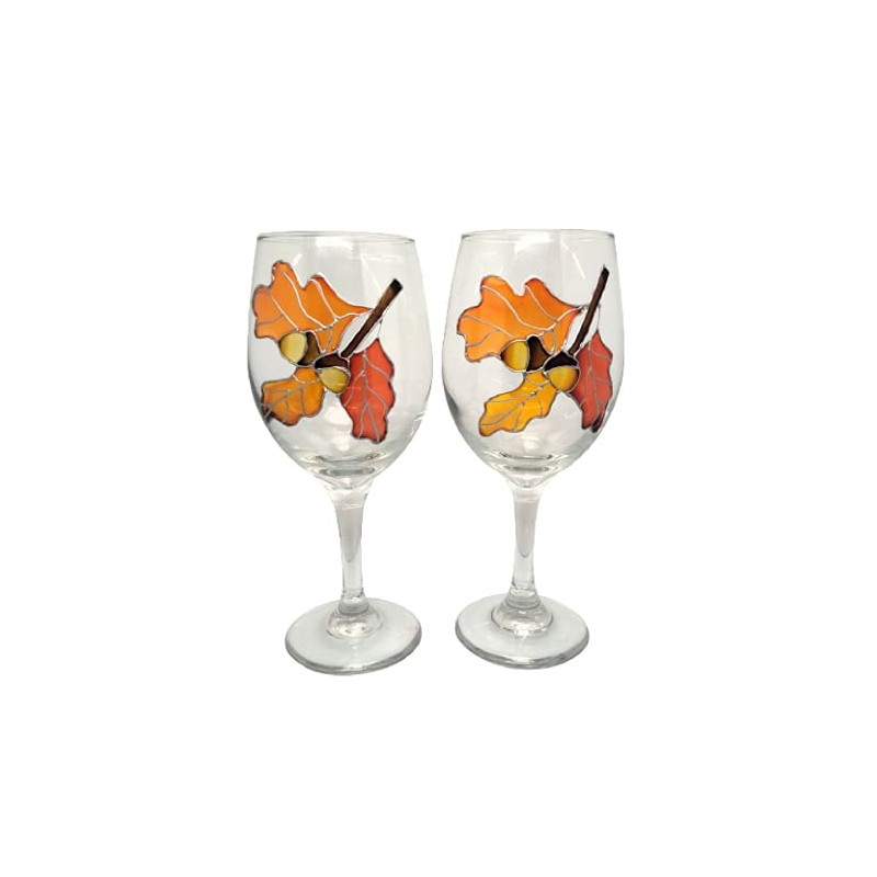 Oak Leaves Acorns Hand Painted Wine Glasses Set of 2