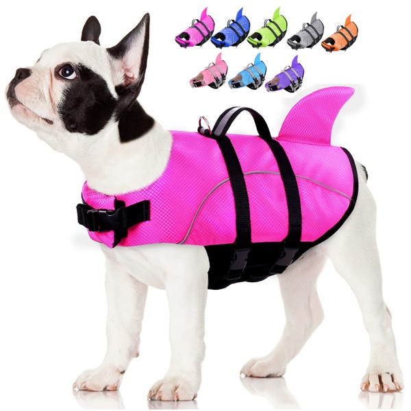 AOFITEE Dog Life Jacket Ripstop Dog Life Vest, Reflective Dog Safety Vest for Boating Swimming, Dog Shark Life Jackets Dog Lifesaver with Rescue Handle for Small Medium Dogs (Pink M)
