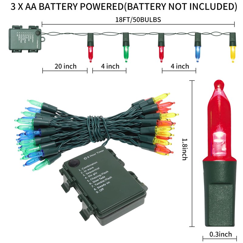 TWINGLEHOME 100LED Mini Lights,Green Wire,Waterproof Battery Case,Multi Functions,Timer,Multi（2 Sets - Each 50 Count LED）