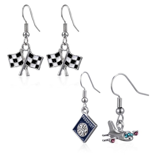 2 Pairs Checkered Flag Earrings, Black White Dangle Drop Including