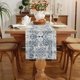 Chicamy Modern Table Runner Grey 40 x 140 cm Abstract Geometric Table Linen Vintage Flower Table Runner Linen Look Blue Runner Table Decoration for Dining Room Party Holiday Restaurant Decoration