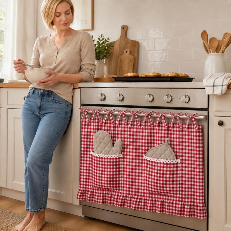 Oven Skirt Curtain, 30”x22”, Red White Check Oven Curtain for