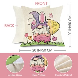 Fjfz Happy Easter Bunny Gnome Decorative Throw Pillow Covers 20 x 20 Set of 4, Bless This Nest Rabbit Ears Eggs Porch Outdoor Home Decor, Spring Carrot Tulip Flower Colorful Stripes Couch Cushion Case