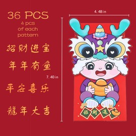 36 Pieces Chinese New Year Red Envelopes 2024 Dragon, Hong Bao Chinese Lucky Money Envelopes for Cash Red Packets with 4 Different Pattern for Chinese Lunar New Year Spring Festival Wedding Birthday