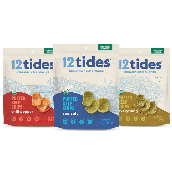 12 Tides Chips de algas abombadas orgánicas – Chips de algas marinas a base de plantas, sin OMG, sin gluten, sin azúcar añadido, chips de verduras marinas, variedad, 3 unidades