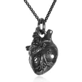 Anatomical 3D Heart Cremation Ashes Necklace For Men Stainless Steel Memorial Urn Jewelry For Human Ashes Of Loved Ones Keepsake Pendant (Black)