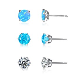 3 Pairs Stud Earrings Set, 14k Gold Plated Opal Studs Hypoallergenic Stainless Steel Cubic Zircon Stud Earrings CZ Diamond Earrings for Women Men Girls for Sensitive Ears, White Gold Plated Stainless Steel, Created Opal Created Zircon Gemstone