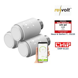 revolt Alexa Thermostat: Set of 3 Programmable Radiator Thermostats with Bluetooth and App (Heating Valves, Electronic Radiator Thermostat, Adapter)