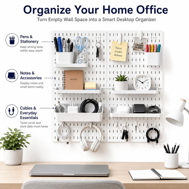 PSLER 22"×22" White Pegboard Kit with 17 Accessories, Garage Office