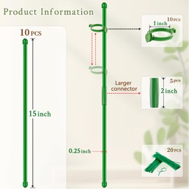Plant Stakes 15 inch SupKing 10Pcs Orchid Support Sticks with Clips Garden Poles Extended to 2/3/4ft for Indoor Outdoor Potted Tomato Rose Amaryllis Vegetables Monstera Comes with 20 Plants Ties