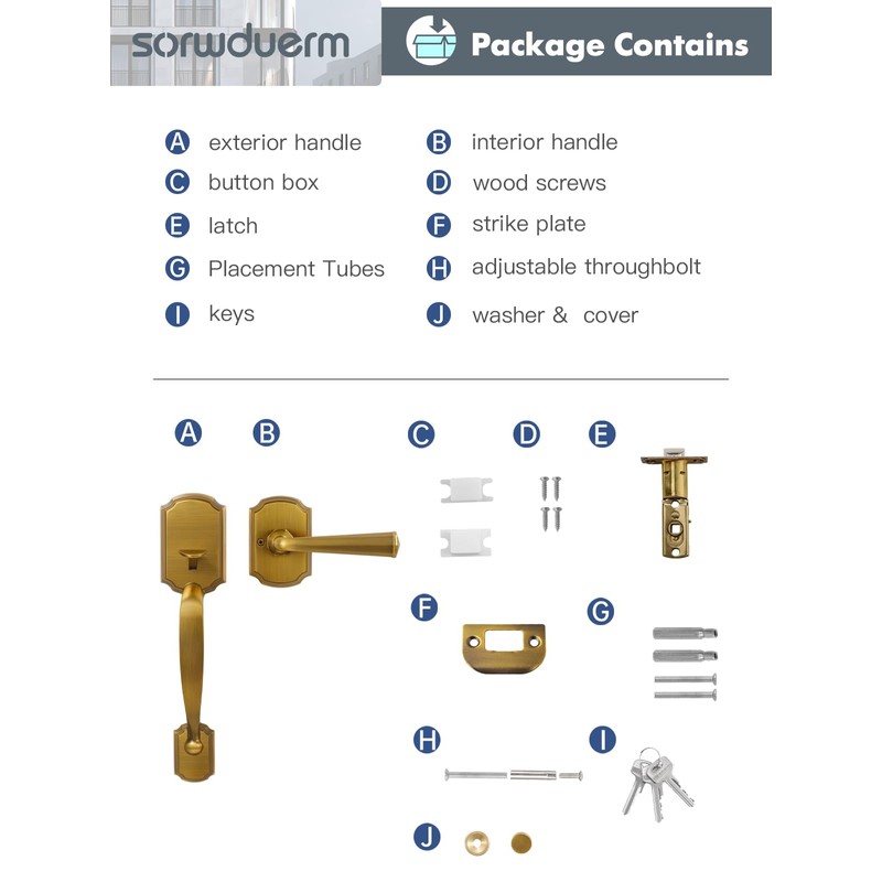 SORWDUERM 1 Pack Antique Brass Front Door Handle Reversible Lever