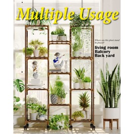 Bamworld Plant Stand With Wheels Indoor Outdoor Wood Plants Shelf for Multiple Plants 11 Pots,Tall Large Flower Holder for Living Room, Patio, Balcony, Garden