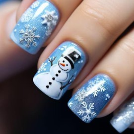 Christmas Press on Nails Medium Square SWEKKE Blue Winter Fake Nails False Nails with Designs Snowflake Cute Snowman Glossy Glue on Nails Xmas Acrylic Nails for Women Girls 24 Pcs