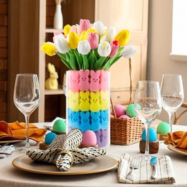 Labrostar Easter Decorations Easter Decor 15pcs Artificial Tulips with 48pcs Bunnies Vase Filler Spring Decor Home Indoor Decoration Centerpieces for Tables