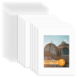 Mat Board Center, Pack of 5 Bevel Cut 11x14 White Mat for 8x10 Photo with White Core Matte Set, Includes 5 Acid Free Mats, 5 Backing Board and 5 Clear Bags