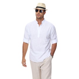 VANCOOG Men's Cotton Linen Shirts Long Sleeve Banded Collar Casual Hippie Beach Henley Tshirt White XL