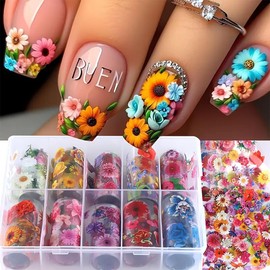 Floral Nail Foils Transfer Nail Art Flower Nail Stickers Spring Summer Foil Nail Art Supplies 10PCS Sunflower Rose Daisy Nails Foil Transfer Stickers Starry Sky Paper Manicure Accessories for Women
