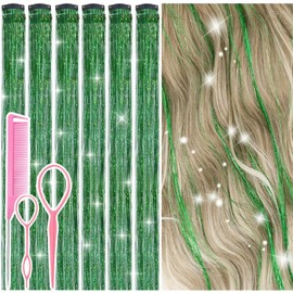 Hair Tinsel Clip in Green Fairy Hair Tinsel Kit, 12 Pcs 24 Inch Glitter Clip in Hair Extensions for Girls Women Kids Christmas New Year Festival Party (Green)