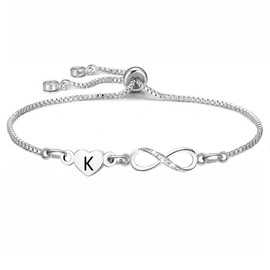 Alphabet Heart Bracelet infinite Pendant Silver Color Women Gift Initial Letters for Girls Birthday Christmas Anniversary Graduation Infinite Shiny Crystal Bracelets Gift (K)