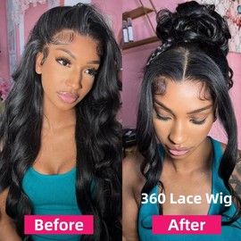 KGIFH 28 Inch 360 Lace Front Wigs Human Hair Invisi Strap HD 360 Body Wave Lace Frontal Wig Pre Plucked Drawstring Wig Human Hair 180 Density Glueless 360 Full Lace Wig for Women
