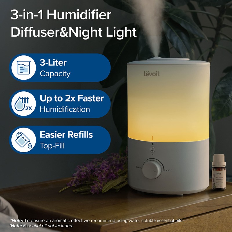 LEVOIT Humidifiers for Bedroom with Night Light(3L Water Tank)Cool Mist