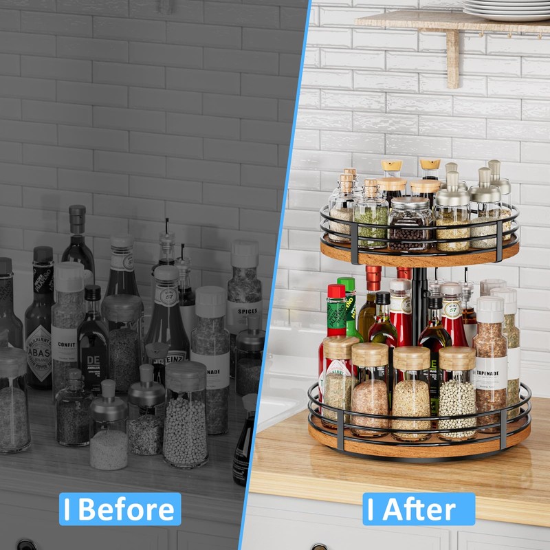 Lazy Susan Turntable Organizer Adjustable - 2 Tier Wood Rotating