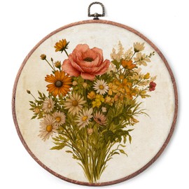 Vintage Floral Wall Art Decor, Botanical Bouquet Canvas Prints, Round Framed Boho Wall Decor for Bedroom Living Room Kitchen, 10x10 Inch Vintage Flower Artwork-A01