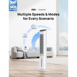 Dreo Evaporative Air Swamp Cooler, 40” Standing Fans that Blow Cold Air, 80° Oscillating Bladeless Cooling Fan for Bedroom, Removable Water Tank, Ice Packs, Remote Control, 4 Speeds, 7H Timer, White