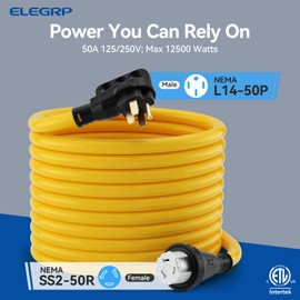 ELEGRP 50 Amp Generator RV Cord 25 FT and Power Inlet Box, Pre-Drilled Generator Inlet Box, NEMA 14-50P to NEMA SS2-50R 6/3+8/1 Gauge STW Generator Cord Waterproof Combo Kit, ETL Listed