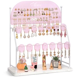 Keebofly Acrylic Earring Organizer Stand for Girls & Teens, Large 300 Holes & 14 Hooks Jewelry Display Holder for Studs, Hoops, Dangles, Necklaces & Bracelets, Vanity Desk Storage Decor, Pink
