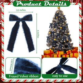 Suncalla 12 Pcs Frayed Velvet Bows Christmas Ornaments Tree Vintage Frayed Crushed Velvet Ribbon Bows for Tree Garland Wreath Indoor Outdoor Xmas Decorations (Navy Blue)