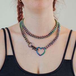 ADEMISHIA Gold Layered Necklaces for Women, Silver Cuban Slip Chain Heart O-ring Chunky Chain Necklace, 36 Inches Adjustable Lariat Heart Y-Necklace for Women and Men, Goth Jewelry Necklace