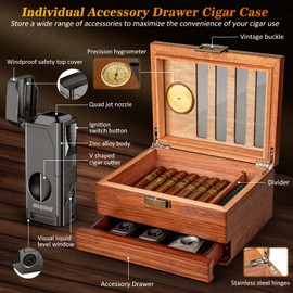 SEMKONT Cigar Humidor, Vintage Lock & Accessory Drawer Cedar Wood Cigar Humidor, Recessed Hygrometer Glass Top Desktop Humidor, with Humidifier, Cigar Lighter and Dropper Cigar Box for 20-35 Cigars