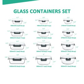 KOMUEE 24 Pieces Glass Food Storage Containers Set, Gray
