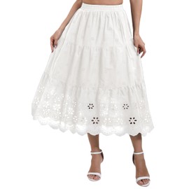 Women's High Waist A-Line Vintage Embroideried Lace Midi Skirt 2025 Vacation Casual Beach Boho Summer Skirts with Pockets 003 Small White S